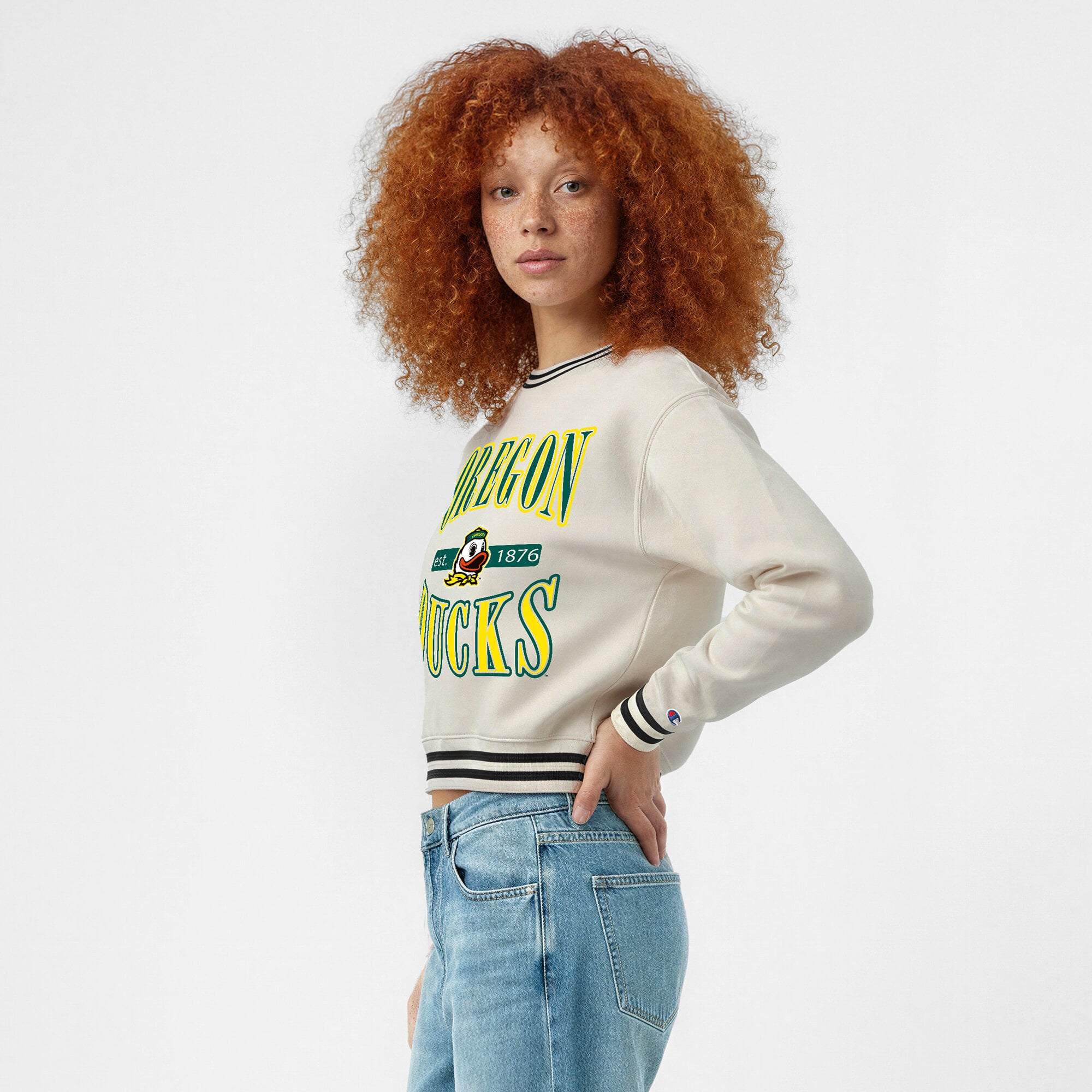 Women's Champion White Oregon Ducks Yarn Dye Rib Reverse Weave Crew Sweatshirt